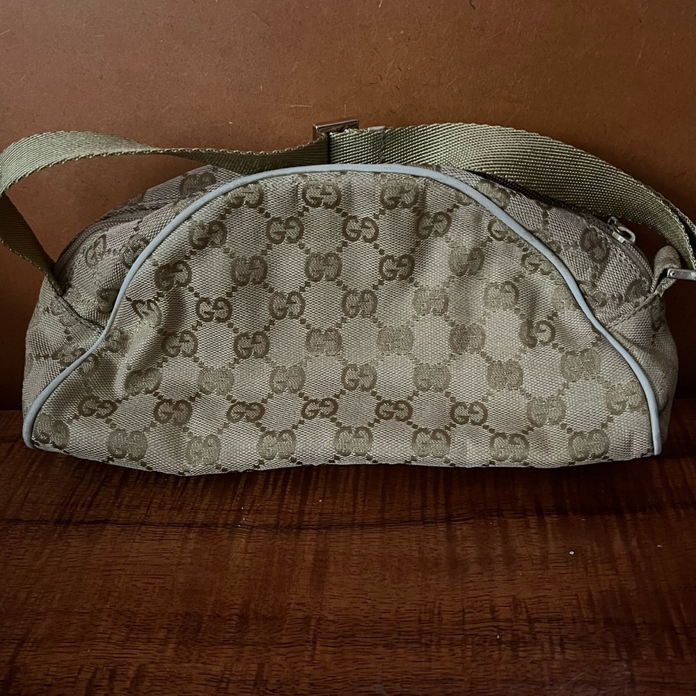 Gucci Tan Monogram Canvas Bag with Green Strap